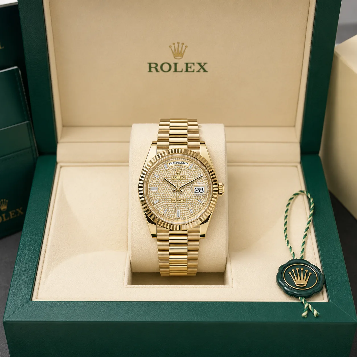 Rolex Day-Date m228238-0054 40mm Calibre 3255 Olive Green / Fluted Bezel 18K Yellow Gold AI 头图 5 - 包装盒 [ai-shot:box-shot]