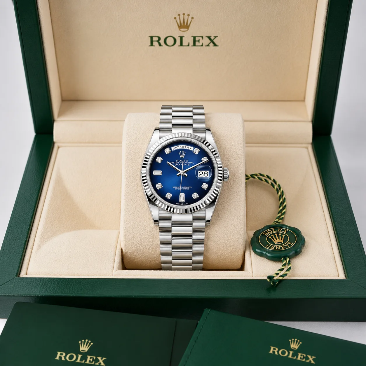 Rolex Day-Date m128239-0023 36mm Blue Dial Fluted Bezel 18K White Gold AI 头图 5 - 包装盒 [ai-shot:box-shot]