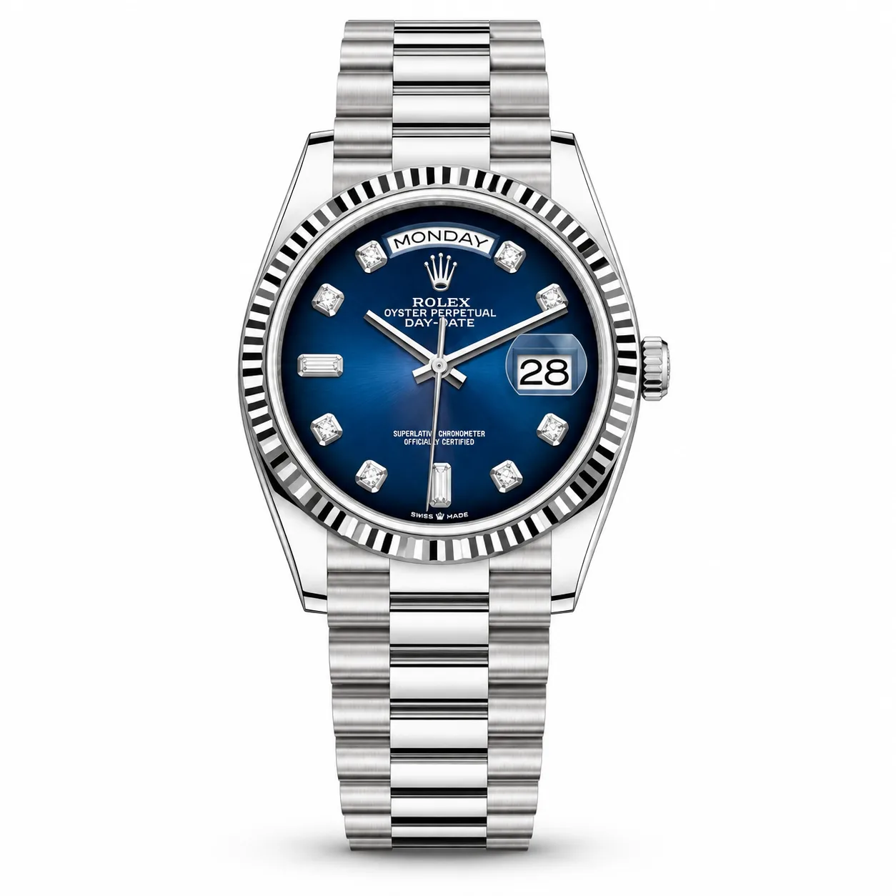 Rolex Day-Date m128239-0023 36mm Blue Dial Fluted Bezel 18K White Gold AI 头图 1 - 白底全貌 [ai-shot:full-white]