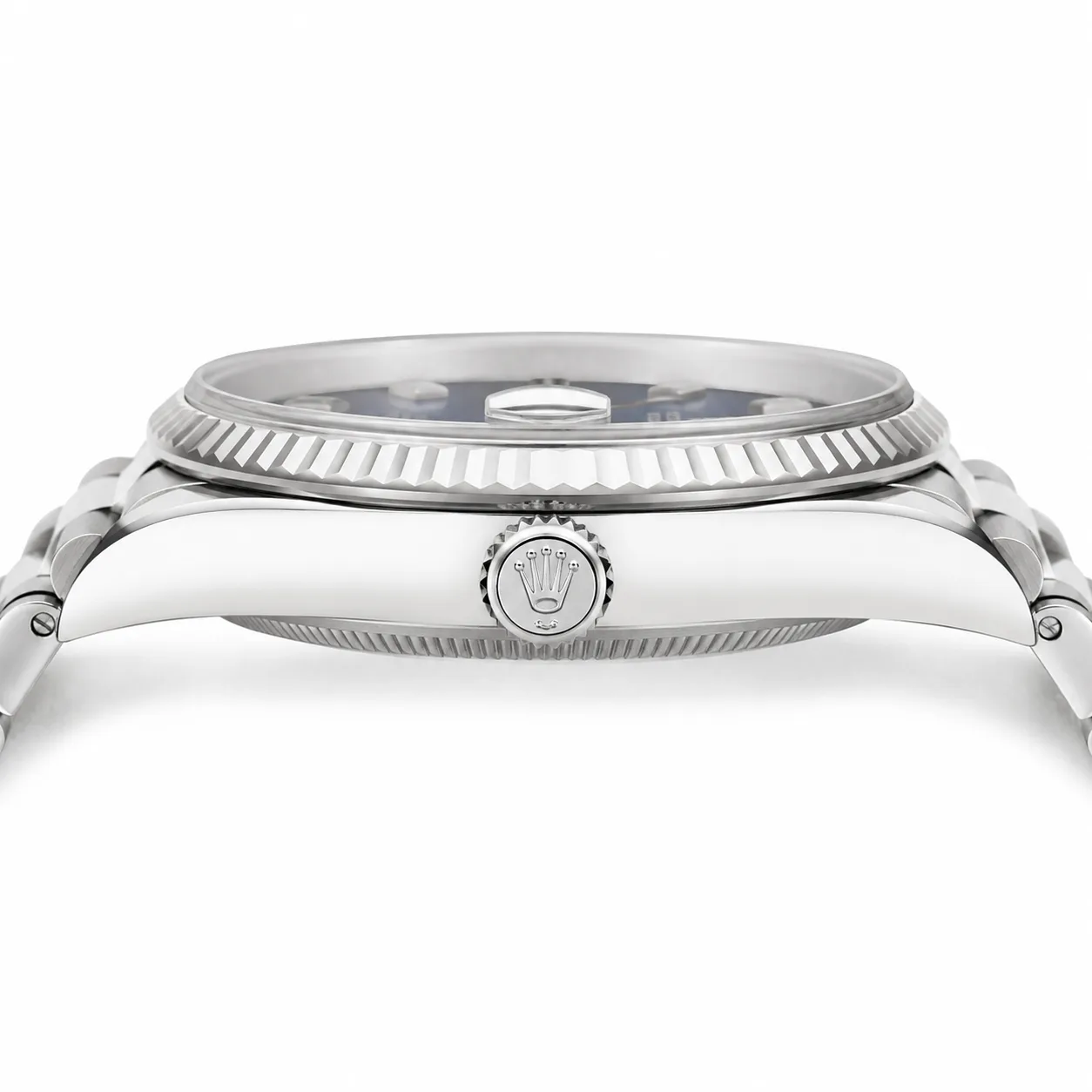 Rolex Day-Date m128239-0023 36mm Blue Dial Fluted Bezel 18K White Gold AI 头图 2 - 侧面细节 [ai-shot:side-detail]
