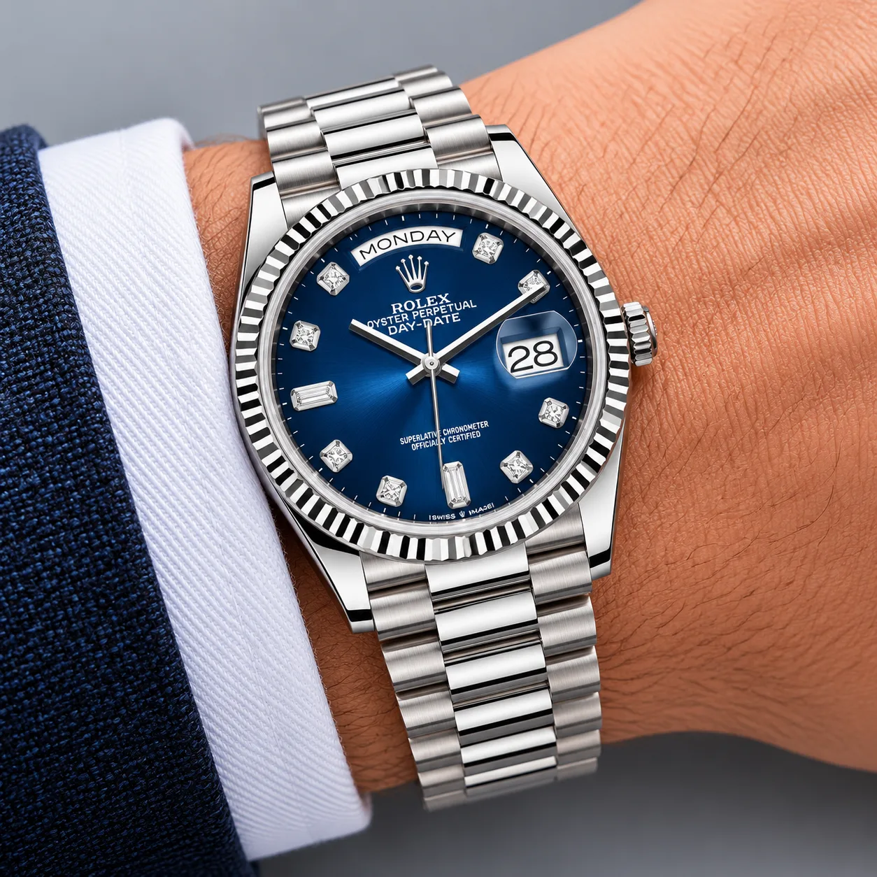 Rolex Day-Date m128239-0023 36mm Blue Dial Fluted Bezel 18K White Gold AI 头图 4 - 佩戴图 [ai-shot:wrist-shot]