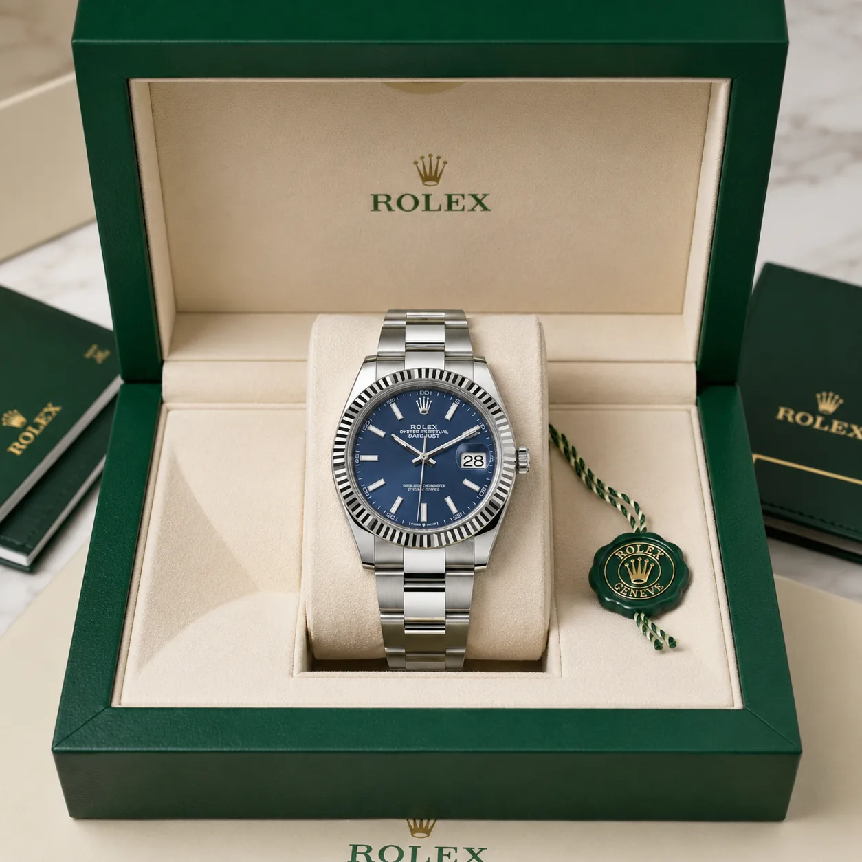 Rolex Datejust m126334-0009 41mm Calibre 3235 Blue / Fluted Bezel 904L Stainless Steel and 18K White Gold AI 头图 5 - 包装盒 [ai-shot:box-shot]
