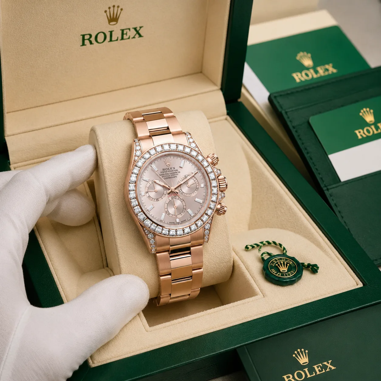 Rolex Cosmograph Daytona m126595tbr-0001 40mm Pink Dial Diamond-Set Bezel 18K Everose Gold AI 头图 5 - 包装盒 [ai-shot:box-shot]
