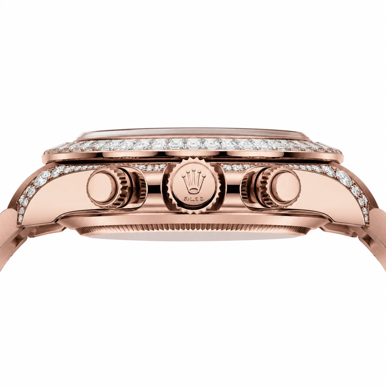 Rolex Cosmograph Daytona m126595tbr-0001 40mm Pink Dial Diamond-Set Bezel 18K Everose Gold AI 头图 2 - 侧面细节 [ai-shot:side-detail]