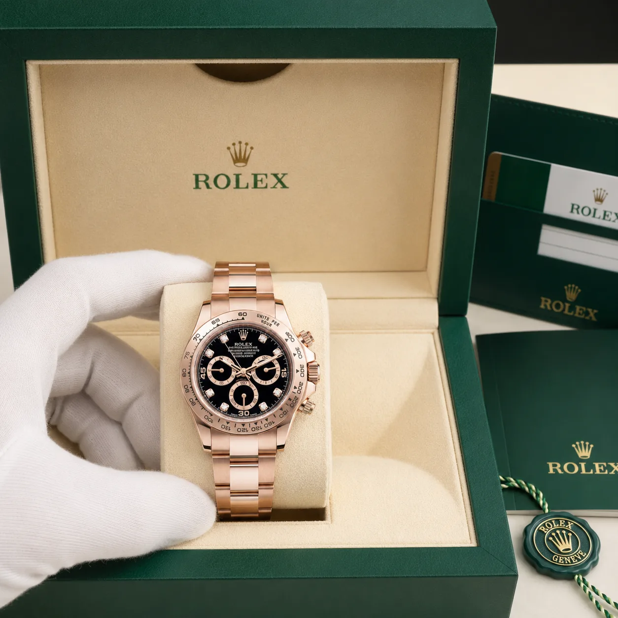 Rolex Air-King m116505-0015 40mm Black Dial Smooth Bezel 18K Everose Gold AI 头图 5 - 包装盒 [ai-shot:box-shot]