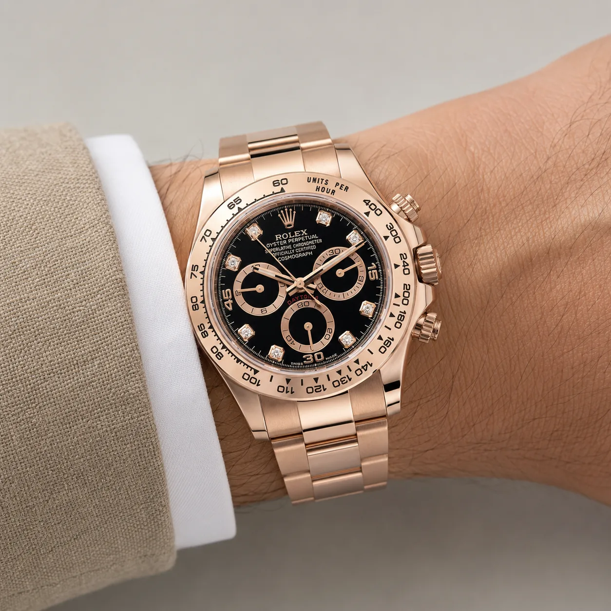 Rolex Air-King m116505-0015 40mm Black Dial Smooth Bezel 18K Everose Gold AI 头图 4 - 佩戴图 [ai-shot:wrist-shot]
