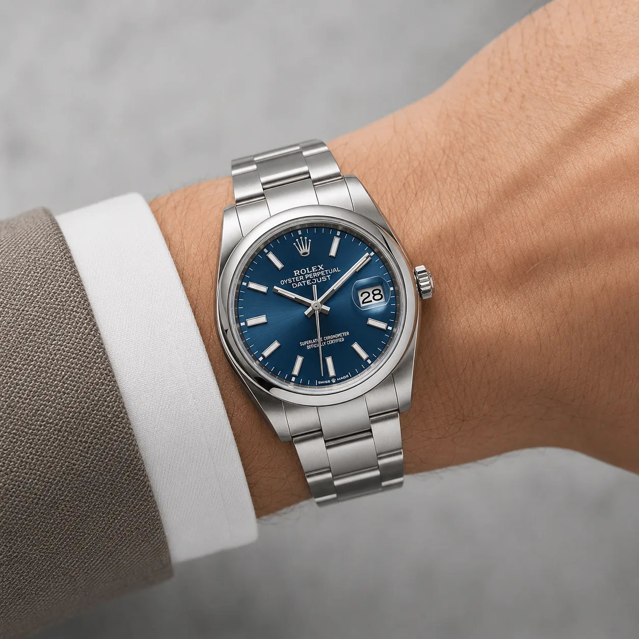 Rolex Oyster Perpetual m126200-0006 36mm Turquoise Blue Dial Smooth Bezel AI 头图 4 - 佩戴图 [ai-shot:wrist-shot]
